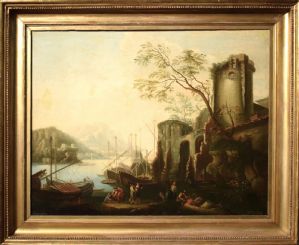 Coastal landscape with harbor scene